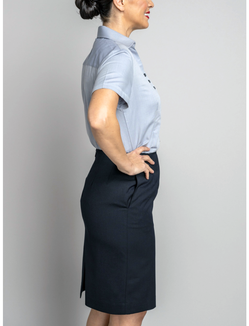 Straight Sharkskin Navy Skirt w/Pocket